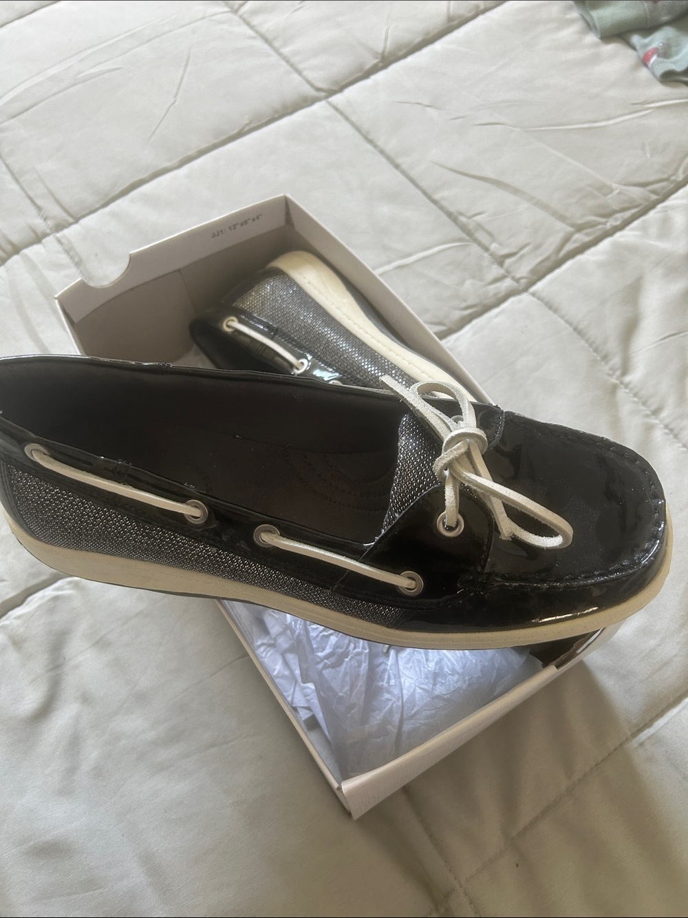 croft & barrow Black Patent and Silver Sparkle Boat Shoe with White Laces